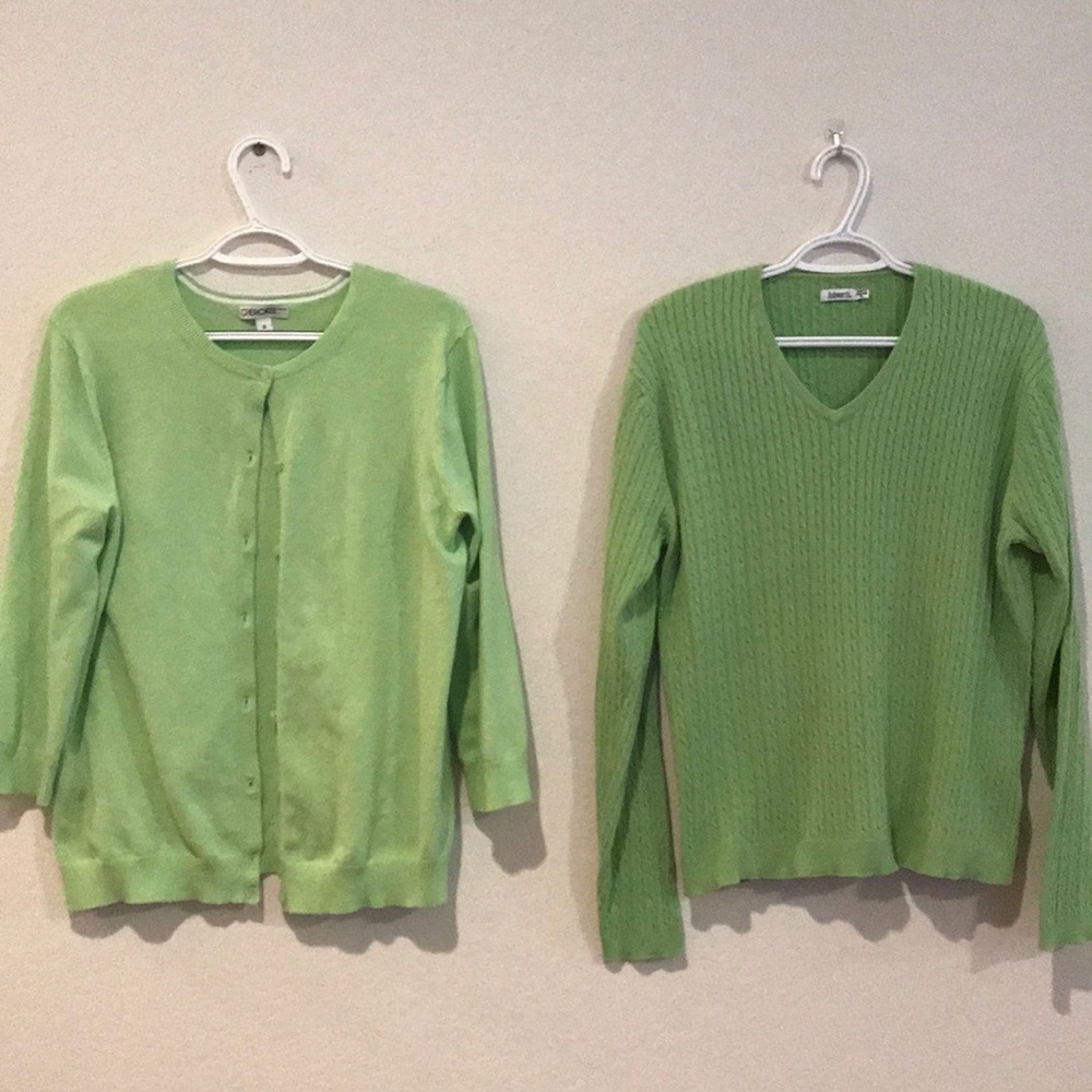 2 Green Sweaters. 1 is button up & one is pullover